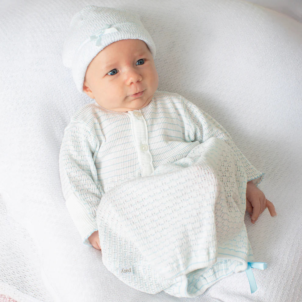 PATY KNIT PLACKET GOWN PINSTRIPE BLUE W/BLUE TRIM