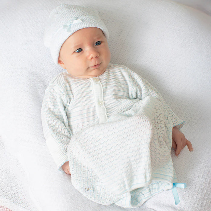 PATY KNIT PLACKET GOWN PINSTRIPE BLUE W/BLUE TRIM