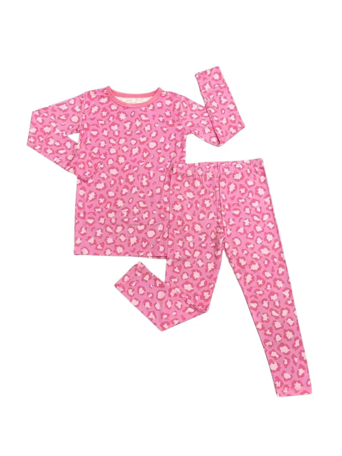 MACARON & ME PINK LEOPARD BOWS LONG SLEEVE JAMMIES SET