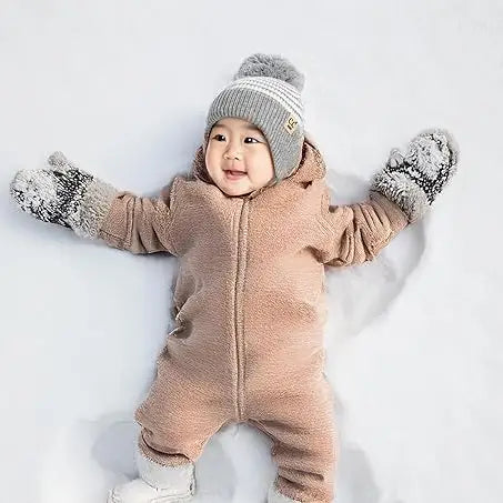 INFANT POM STRIPED EARFLAP BEANIE GREY/WHITE