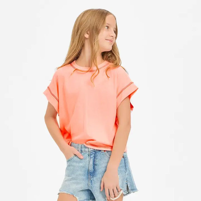 GOOD GIRL OVERLAP OPEN BACK REVERSE STITCHED TOP NEON CORAL