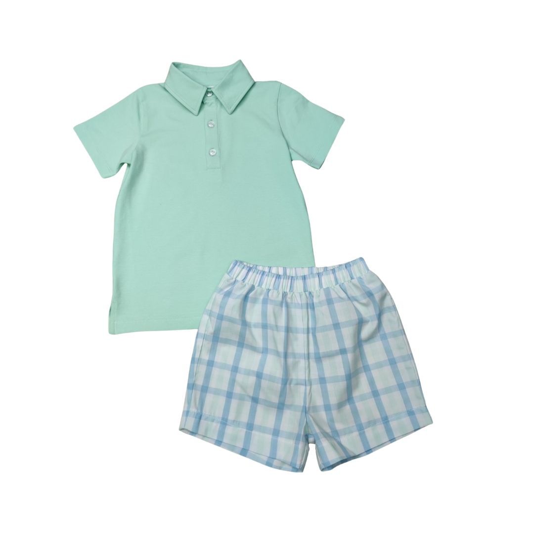 WHIMSEY BAY KIDS CLASSIC SPRING FIN PLAID POLO SHORT SET