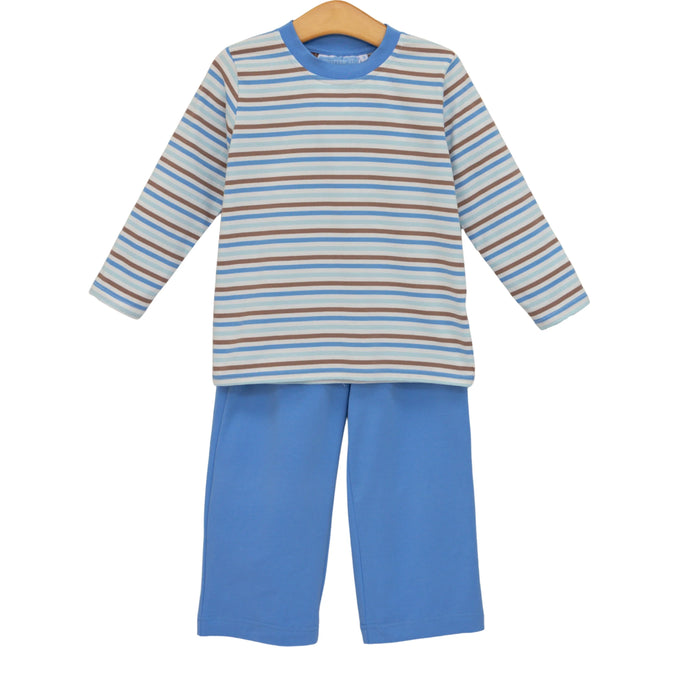 A children's two-piece pajama set on a wooden hanger, featuring a long-sleeve top with horizontal stripes in light blue, white, and brown, paired with solid light blue pants.