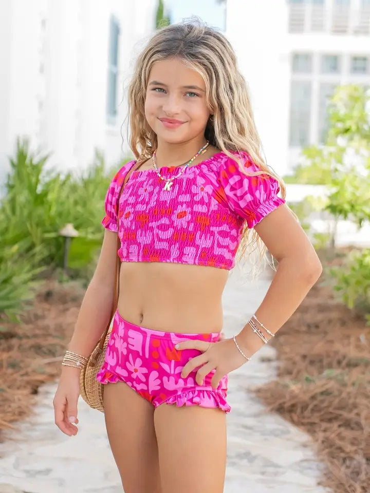 EMMA MODERN FLOWER HOT PINK RUCHED TWO PIECE