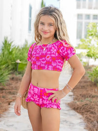 EMMA MODERN FLOWER HOT PINK RUCHED TWO PIECE