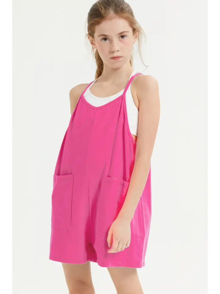 TWO POCKET COTTON OVERALL ROMPER HOT PINK