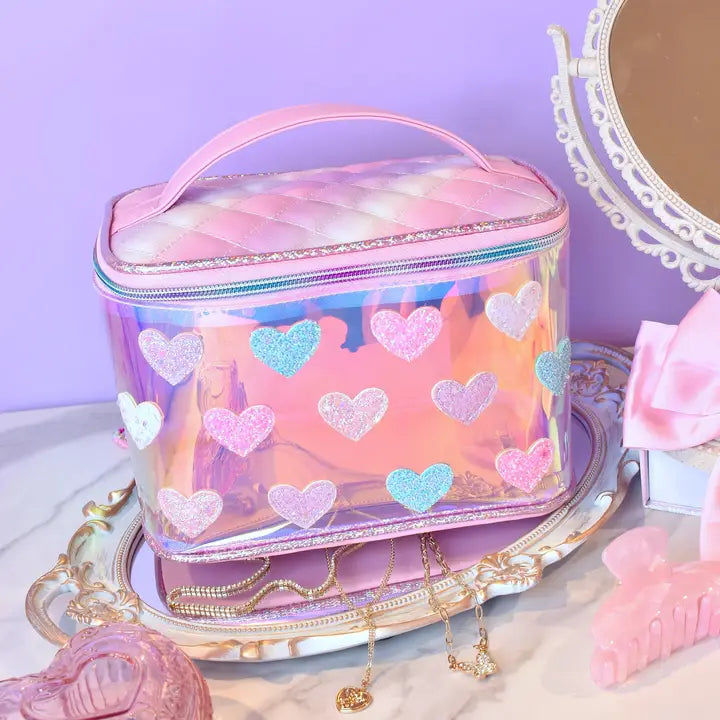 OMG ACCESORIES GLITTER HEART PATCHED CLEAR GLAZED GLAM BAG