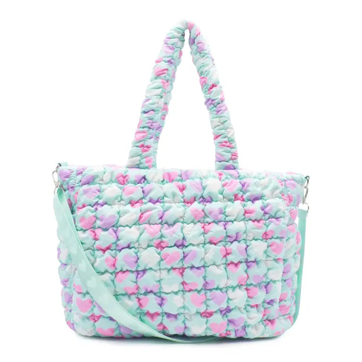 OMG ACCESORIES HEART QUILTED SCRUNCH TOTE WITH DETACHABLE STRAPS