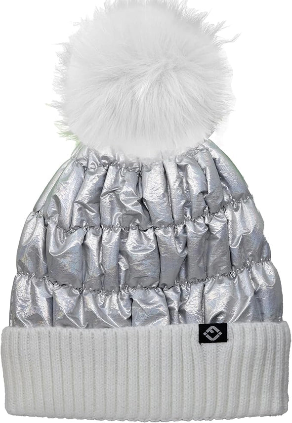 FAUX FUR PUFFER POM BEANIE  WHITE SILVER