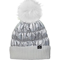PUFFER FAUX FUR POM BEANIE WHITE/SILVER