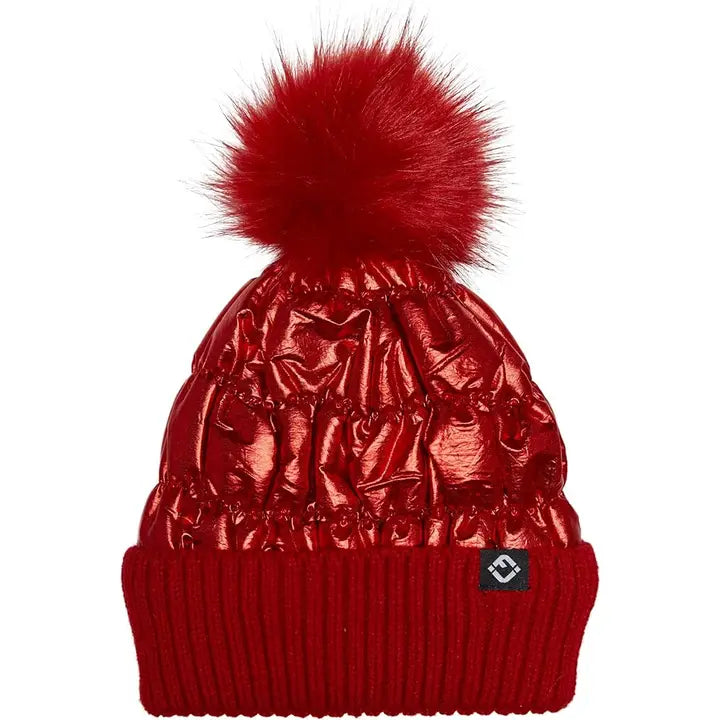KIDS PUFFER FAUX FUR POM BEANIE RED
