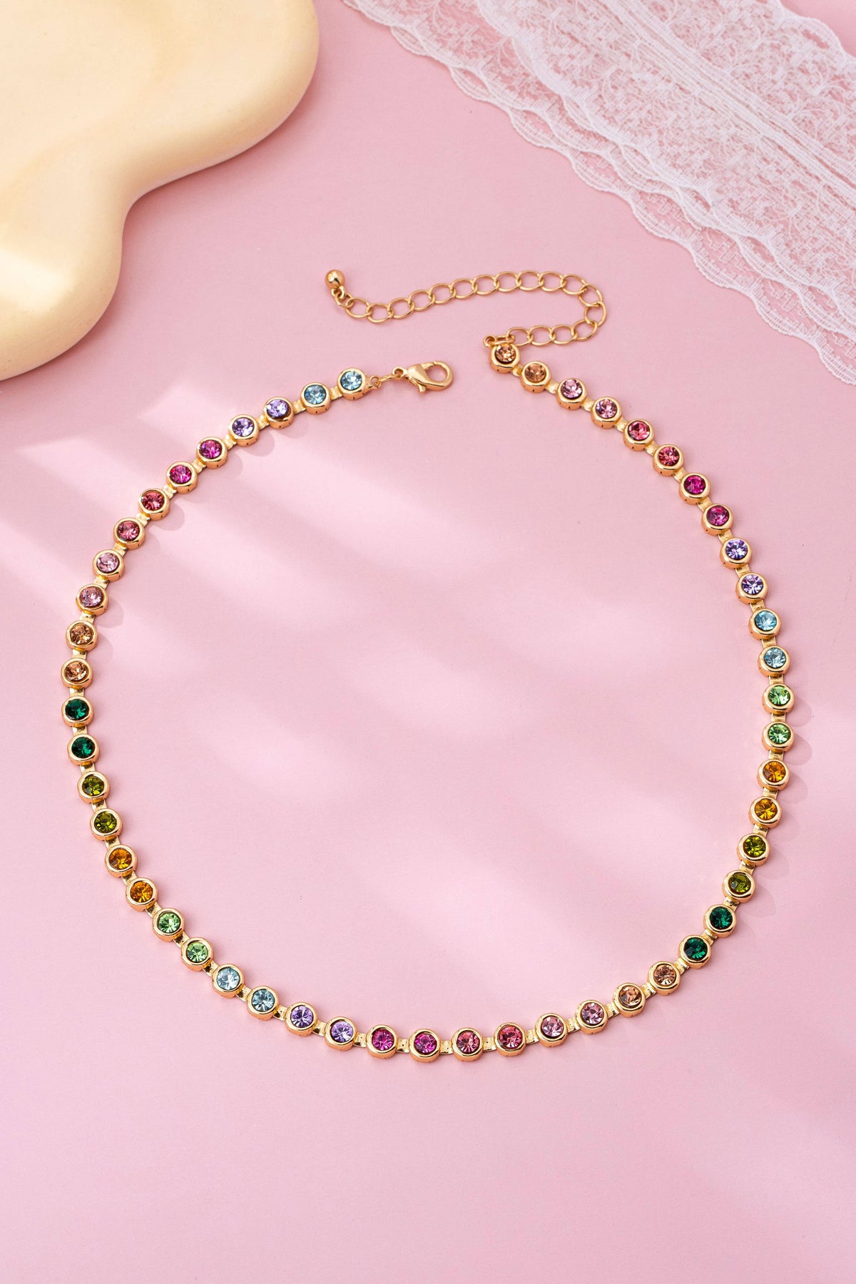 Josslyn  Rainbow Bezel-Set Gemstone Tennis Necklace Gold
