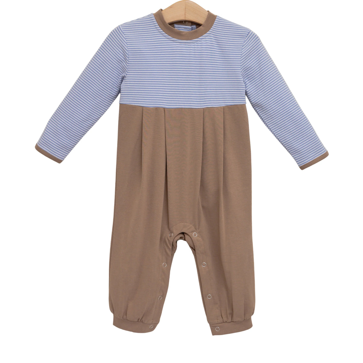 Preston Romper Dusty Blue Stripe/Brown
