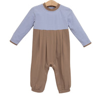 Preston Romper Dusty Blue Stripe/Brown