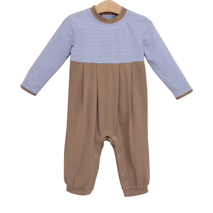 Preston Romper Dusty Blue Stripe/Brown
