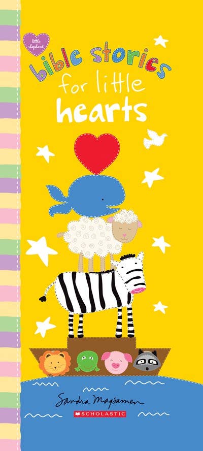 Book cover of 'Bible Stories for Little Hearts' with colorful illustrations of animals and a rainbow.