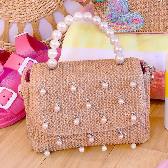 OMG ACCESORIES STRAW PEARL HANDLE CROSSBODY