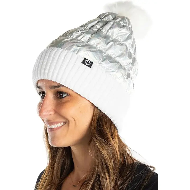 PUFFER FAUX FUR POM BEANIE WHITE/SILVER