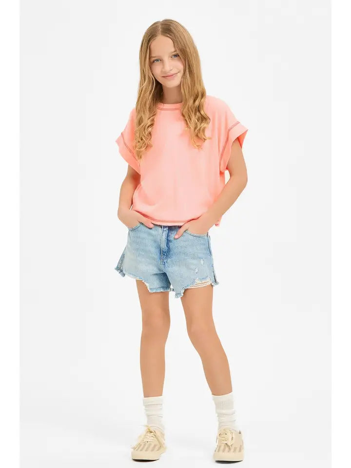 Overlap Open Back Reverse Stitched Top Neon Coral