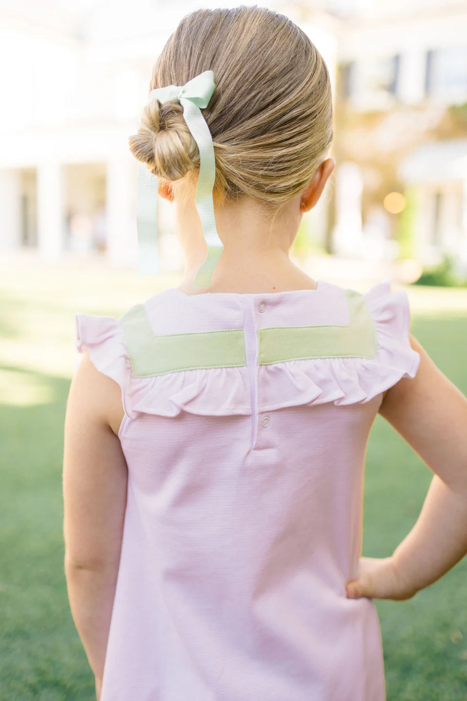 PINK WITH GREEN STRIPE GIRLS SLEEVELESS DRESS