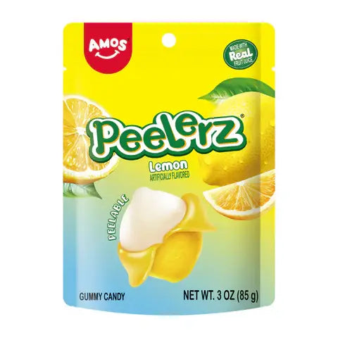 A 3 oz bag of Amos Peelerz Lemon Gummy Candy, featuring a bright yellow and light blue resealable pouch with illustrations of lemons and a white peeled gummy candy.