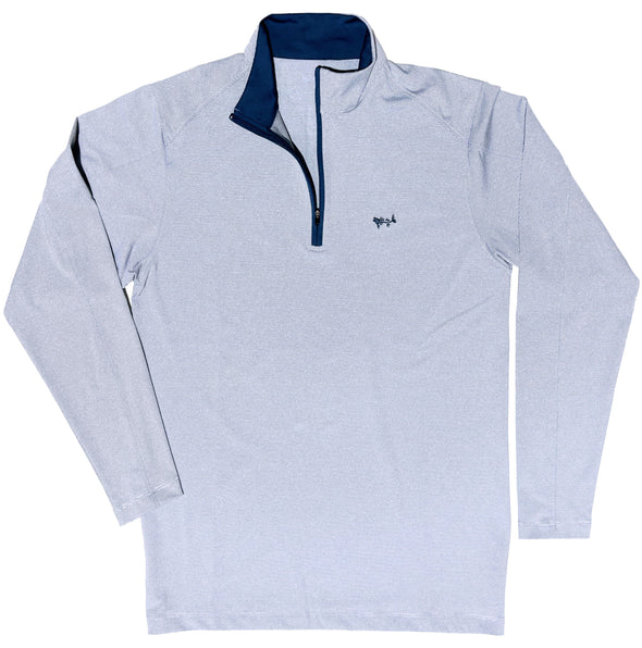 A light heather gray long-sleeve quarter-zip pullover with a dark navy blue collar and zipper trim, featuring a small embroidered logo on the left chest.