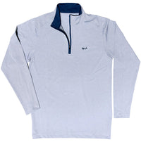 A light heather gray long-sleeve quarter-zip pullover with a dark navy blue collar and zipper trim, featuring a small embroidered logo on the left chest.
