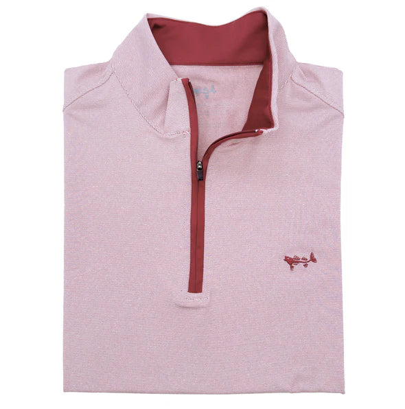 A folded light pink quarter-zip pullover with a contrasting dark red inner collar and zipper trim, featuring a small red airplane logo on the left chest.