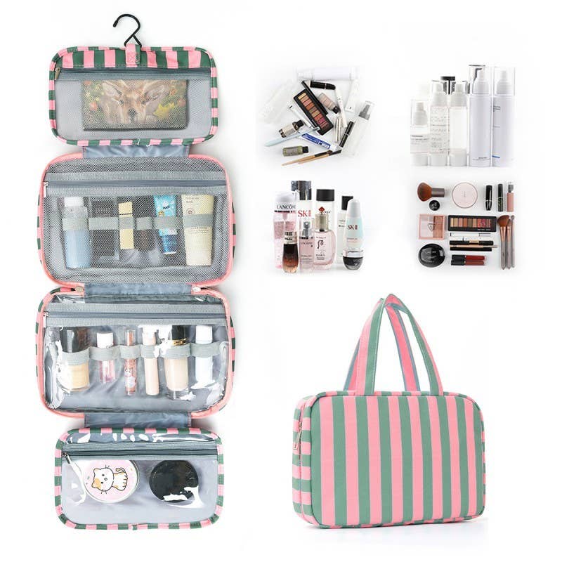 Striped cosmetic bag with makeup items displayed around it on a white background