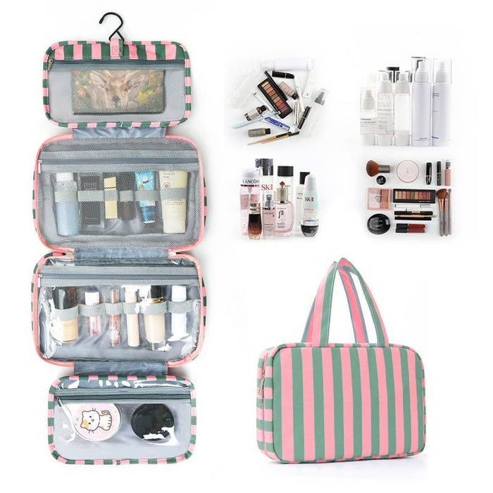 Striped cosmetic bag with makeup items displayed around it on a white background