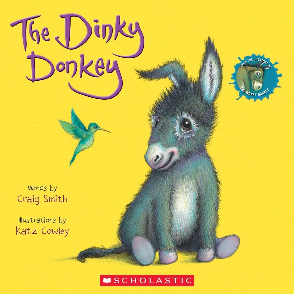 Book cover of 'The Dinky Donkey' with a donkey illustration on a yellow background.
