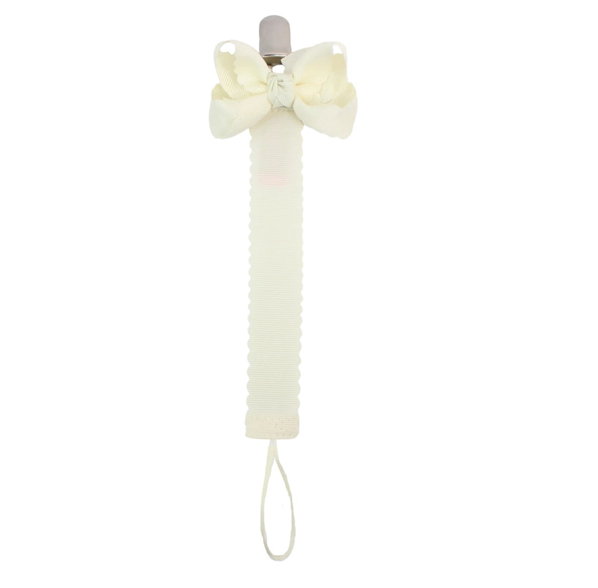 BEYOND CREATIONS SCALLOPED PACIFIER CLIP WITH DETACHABLE BOW ANTIQUE WHITE