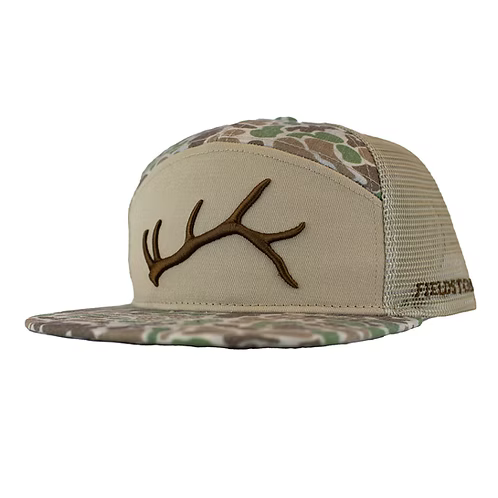 Camouflage cap with deer antler design on a white background