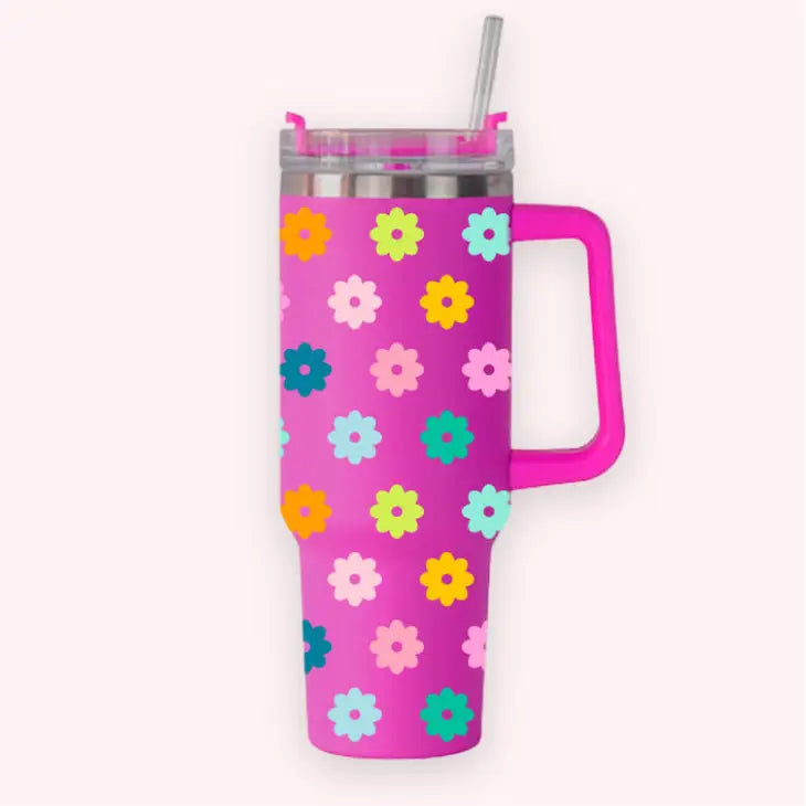 CLEARY LANE 40 OZ TUMBLER WITH HANDLE HOT PINK FLOWER