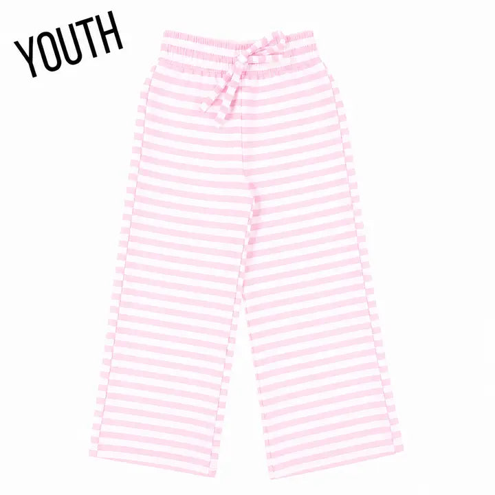 Pink and white striped youth wide-leg pants with an elastic drawstring waist, shown against a plain white background with a 'YOUTH' text overlay in the top left corner.