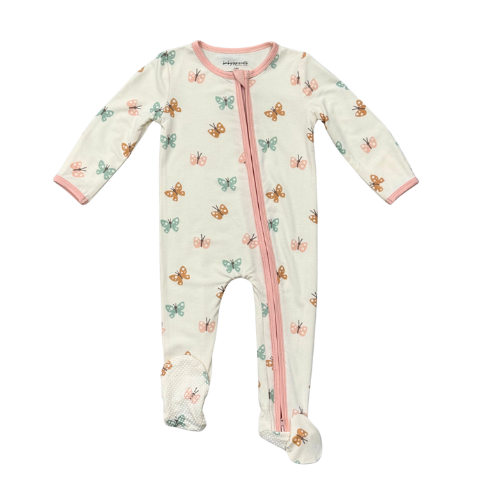 Baby onesie with butterfly pattern on a white background