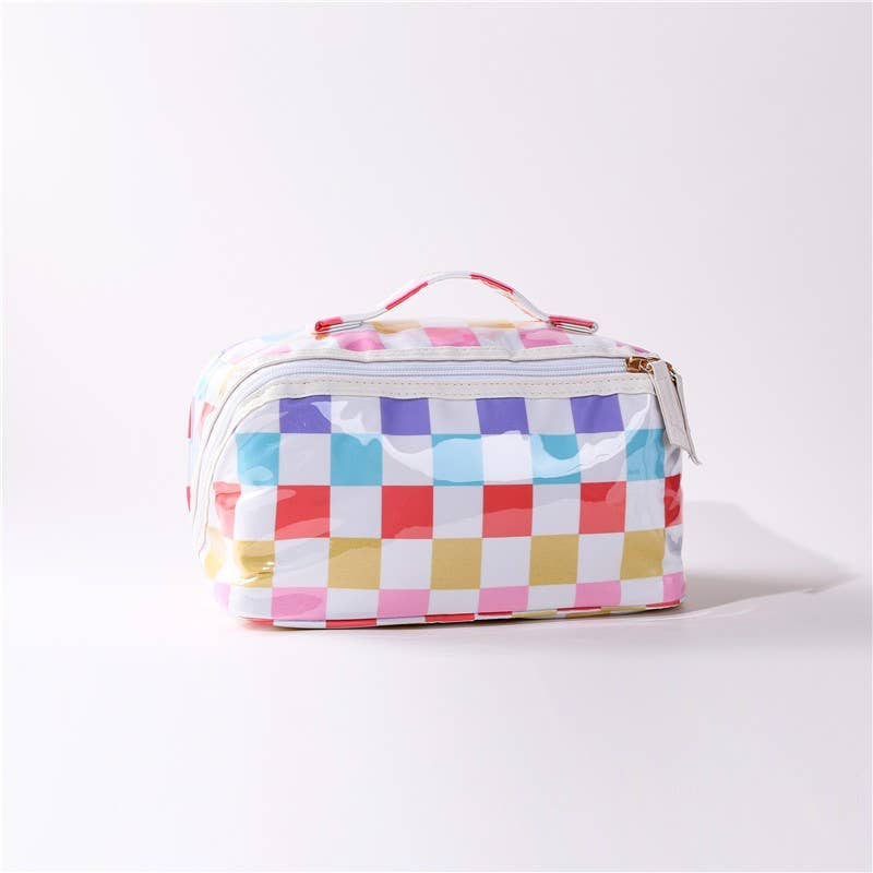 Checkered toiletry bag with colorful pattern on a white background