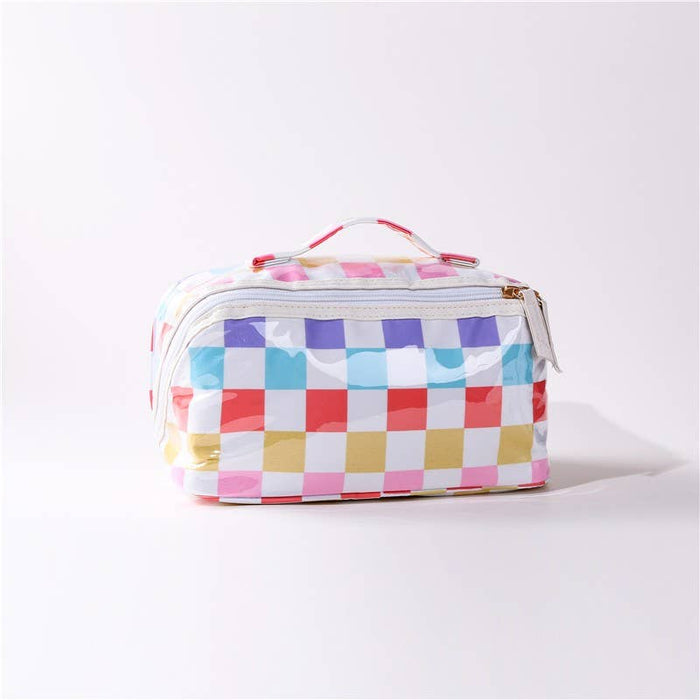 Checkered toiletry bag with colorful pattern on a white background