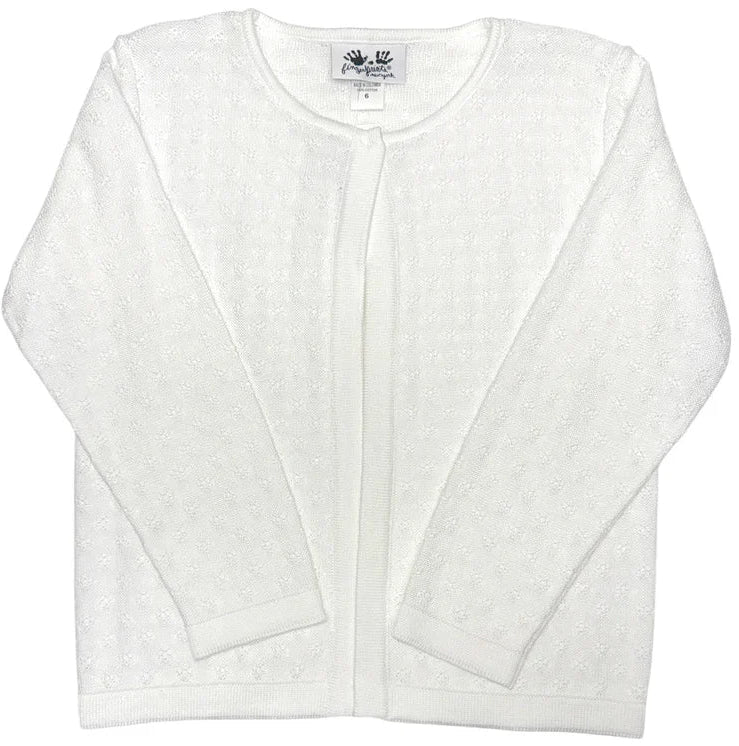 A white long-sleeve knit cardigan with a subtle waffle texture, laid flat against a white background.