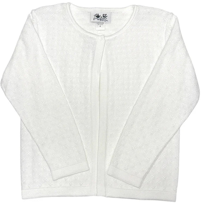 A white long-sleeve knit cardigan with a subtle waffle texture, laid flat against a white background.