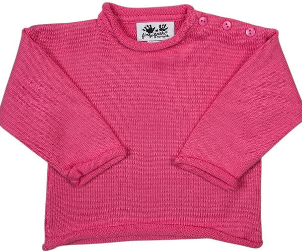 A bright pink long-sleeve waffle-knit baby sweater with three snap buttons on the shoulder, laid flat on a white background.