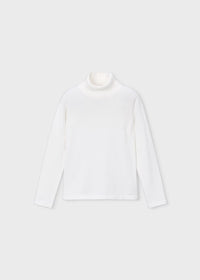 A white long-sleeve mock neck knit top, presented flat against a light gray background.