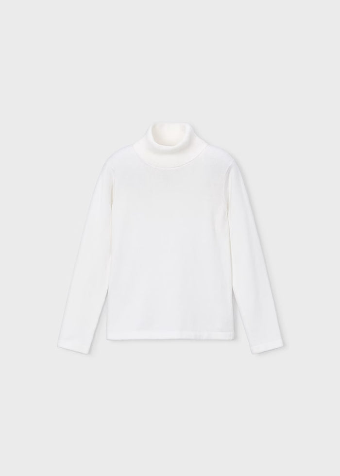 A white long-sleeve mock neck knit top, presented flat against a light gray background.