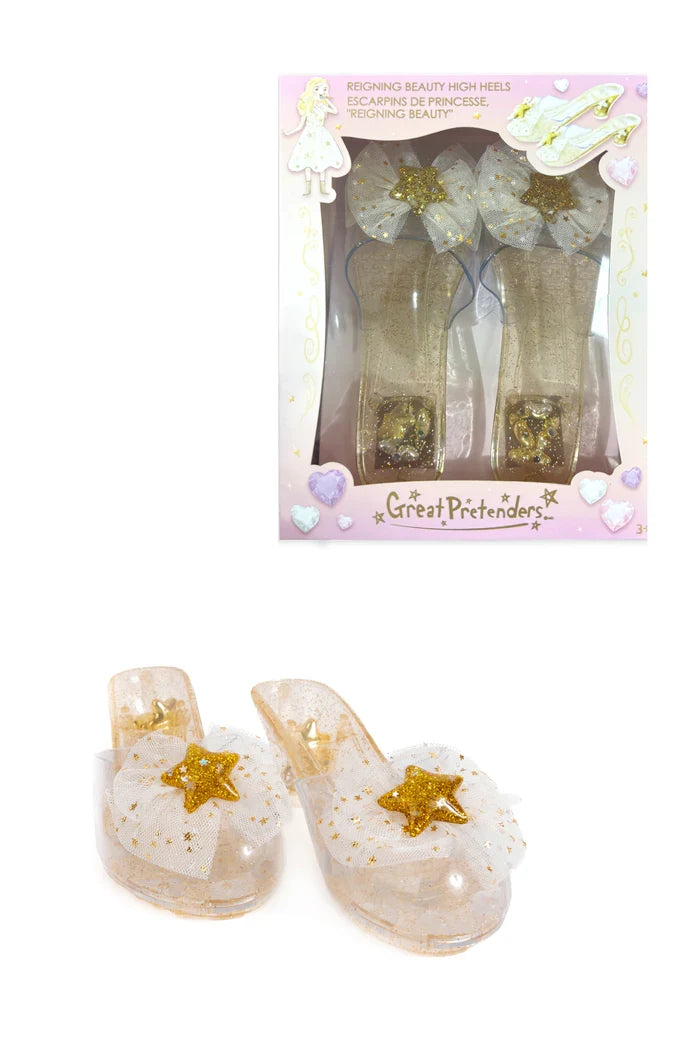 Set of fairy shoes with decorative stars and packaging labeled 'Great Pretenders' on a white background.