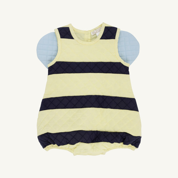 A baby sleeveless quilted romper with horizontal navy blue and pale yellow stripes, featuring light blue padded shoulder panels, shown against a plain off-white background.