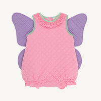 A baby's pink quilted romper with purple wings and a mint green collar, displayed flat against a light cream background.