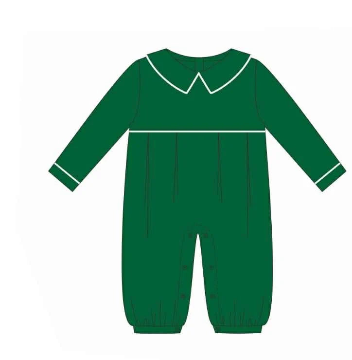 A green baby jumpsuit or romper with long sleeves, a Peter Pan collar outlined in white, and white trim details on the collar and cuffs.