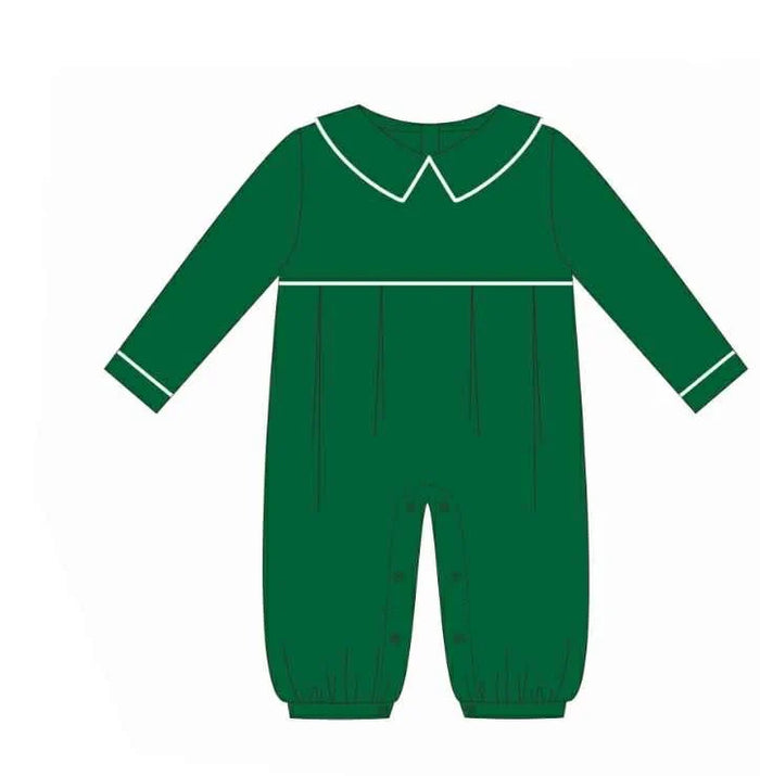 A green baby jumpsuit or romper with long sleeves, a Peter Pan collar outlined in white, and white trim details on the collar and cuffs.