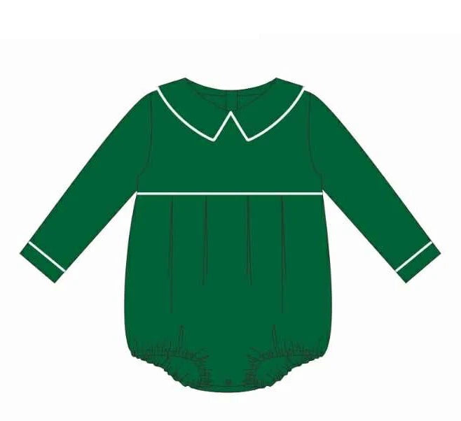 A green long-sleeve baby bodysuit with a white collar and white trim details.