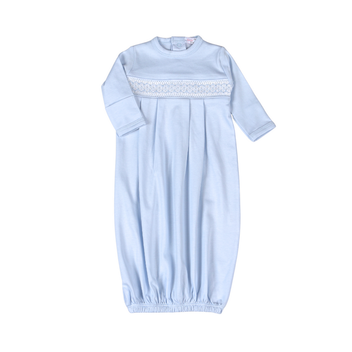 A light blue baby sleep sack with long sleeves, a crew neck, and a decorative white embroidered band across the chest, shown flat on a white background.